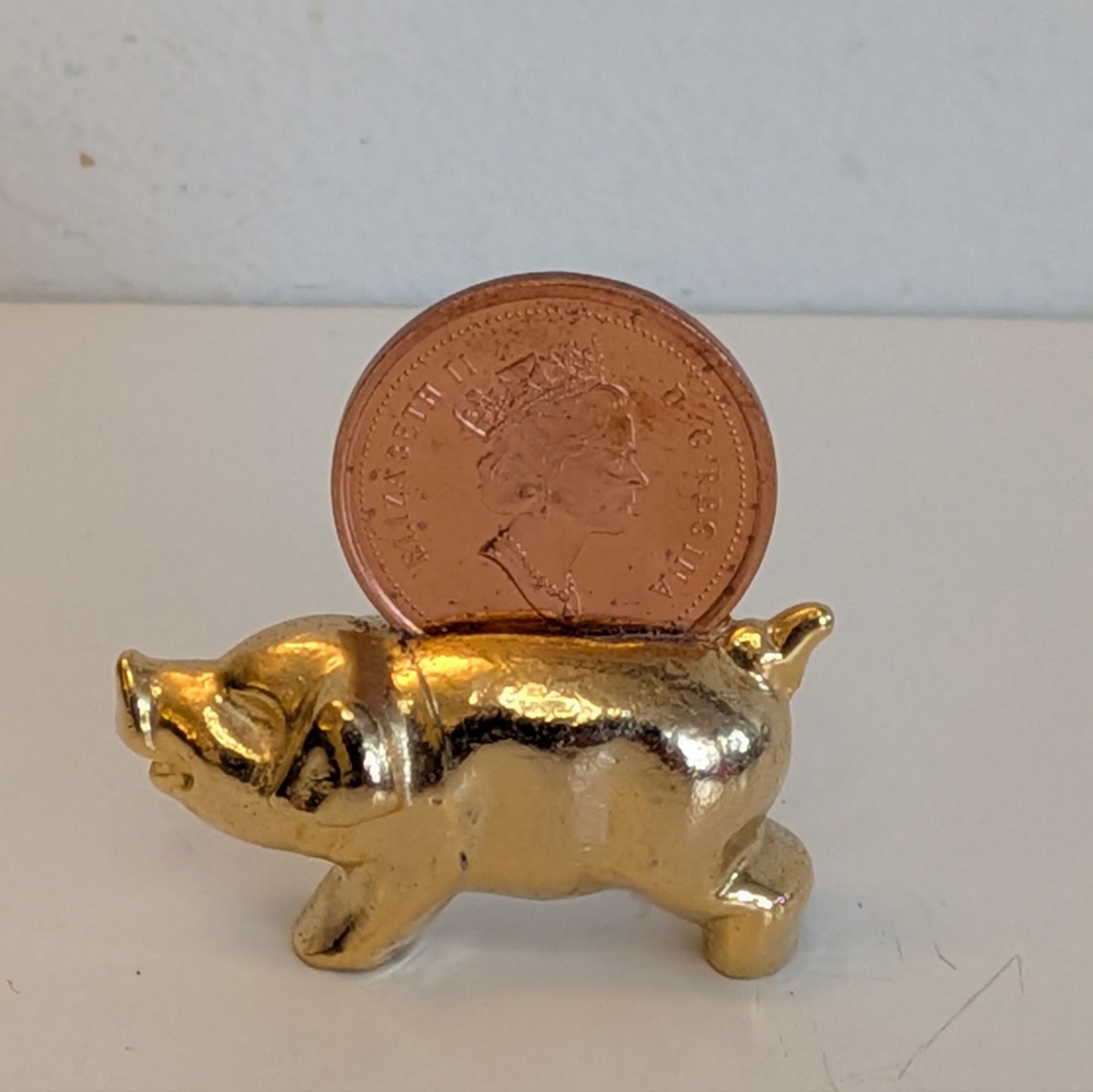 Lucky Penny Coin Canadian 1 Cent Brass Piggy Pig Miniature Figure Ticket Scratch